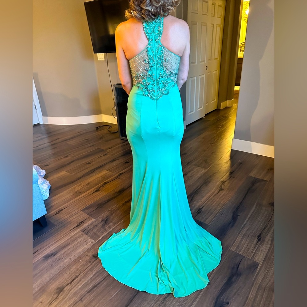 Turquoise high neck crystal embellished gown